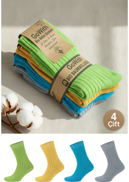 4 Çift Kadın Erkek Renkli Bio Naturel %100 Doğal Pamuklu Ribana Örgü Dikişsiz Soket Çorap 3014