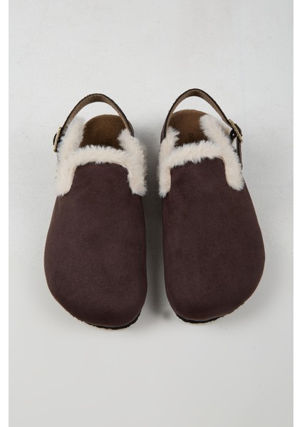 Lapaz Kürklü Kadın Vegan Deri Tokalı Kahverengi Sabo Terlik