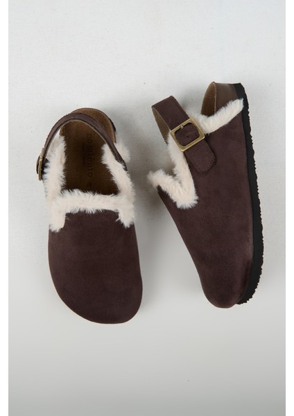 Lapaz Kürklü Kadın Vegan Deri Tokalı Kahverengi Sabo Terlik modelleri