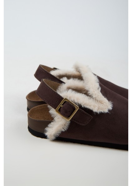Lapaz Kürklü Kadın Vegan Deri Tokalı Kahverengi Sabo Terlik fırsatları