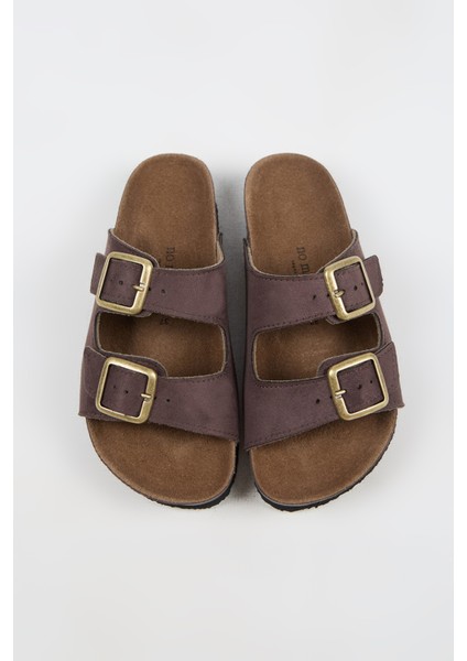 Nomiento Riva Kadın Vegan Deri Çift Tokalı Kahve Terlik