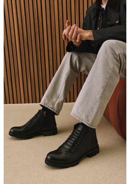 , Erkek Hakiki Deri Kürklü Bot 153999Z001 Siyah