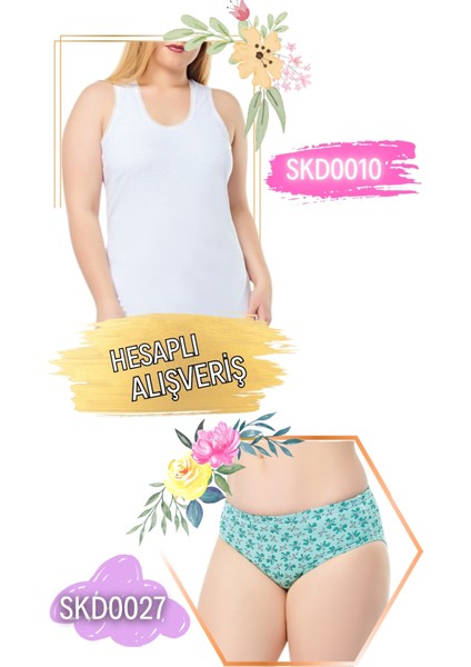 Kadın Kaşkorse Kalın Askılı Penye Atlet ve Desenli Külot Takım 6'lı Set (12 Parça) SKD0010 - SKD0027