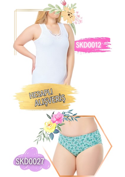 Kadın Geniş Askılı Hazır Yaka Atlet ve Desenli Külot Takım 6'lı Set (12 Parça) SKD0012 - SKD0027