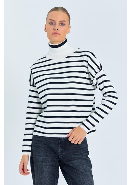 kadın çizgili balıkçı yaka triko kazak indirimleri