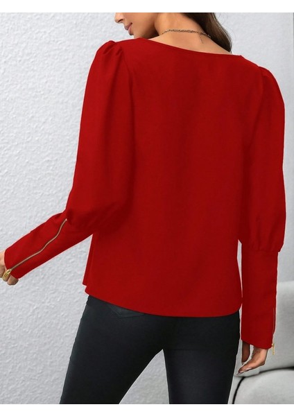 Kadın Uzun Kollu Bisiklet Yaka Fermuar Detaylı Ithal Krep Bluz indirimleri