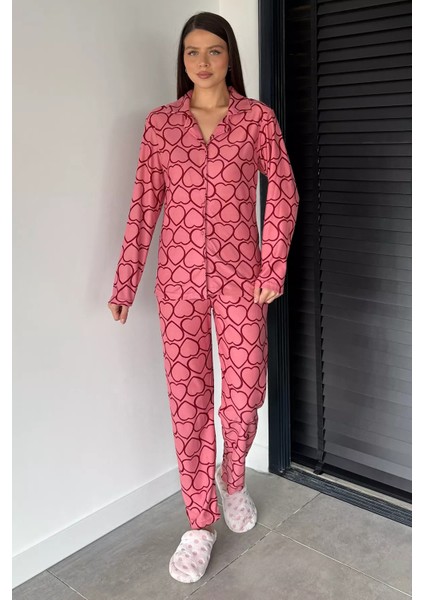 Kadın Desenli Ön Düğmeli Uzun Kol Pijama Takımı P-00018757