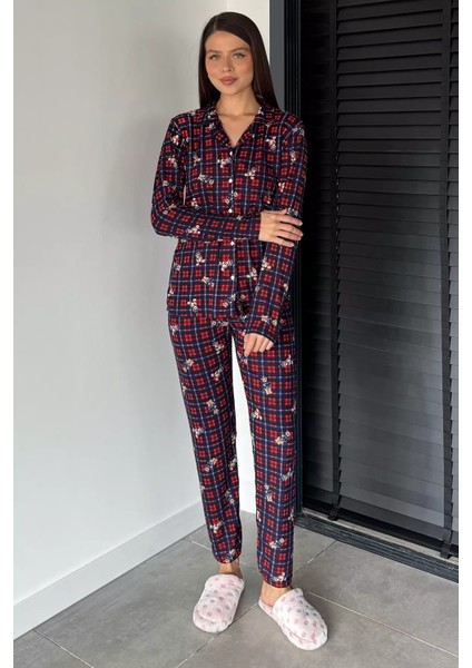 Kadın Ön Düğmeli Uzun Kol Ekose Desenli Pijama Takımı P-00018752