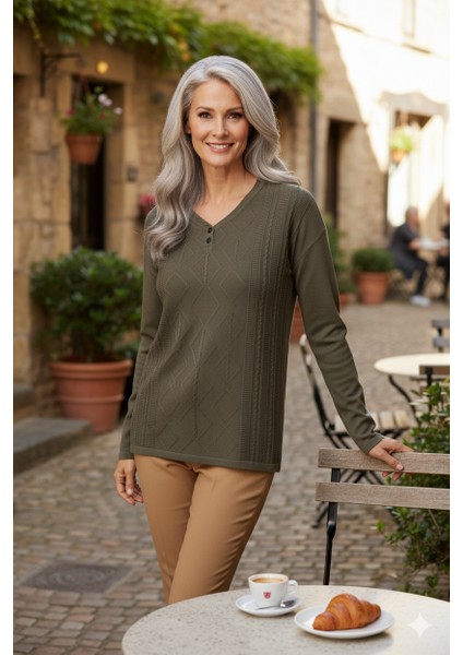 Kadın Kışlık Yünlü Örme Triko Anne Kazak Elmas Desenli Iki Düğmeli V Yakalı Likralı Rahat Kesim Tam Kalıp fırsatları