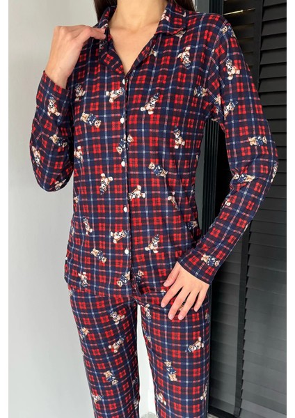 Kadın Ön Düğmeli Uzun Kol Ekose Desenli Pijama Takımı P-00018752 modelleri