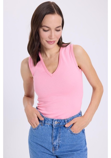 Kadın Slim Fit Dar Kesim V Yaka Sıfır Kol Pamuklu Ribanalı Pembe Bluz fiyatları