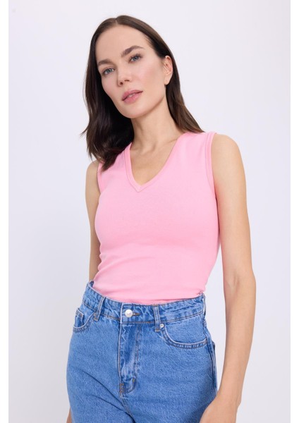Kadın Slim Fit Dar Kesim V Yaka Sıfır Kol Pamuklu Ribanalı Pembe Bluz indirimleri