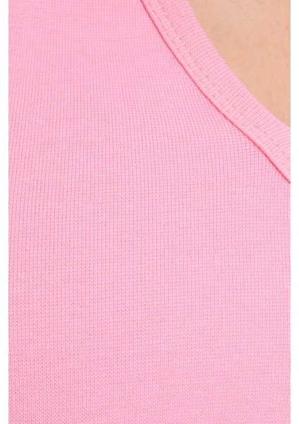Kadın Slim Fit Dar Kesim V Yaka Sıfır Kol Pamuklu Ribanalı Pembe Bluz
