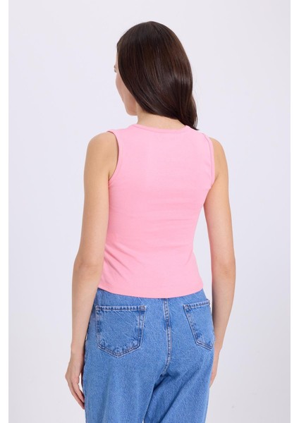 Kadın Slim Fit Dar Kesim V Yaka Sıfır Kol Pamuklu Ribanalı Pembe Bluz