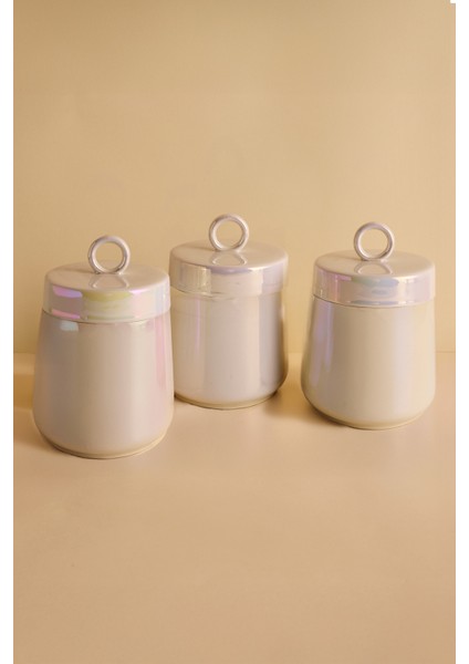 Luca Luster 3'lü Ergonomik Yuvarlak Kapaklı Porselen Sedefli Kavanoz Takımı