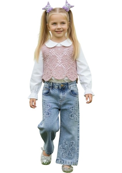 Triko Süveterli Kız Çocuk Kot Pantolonlu Takım