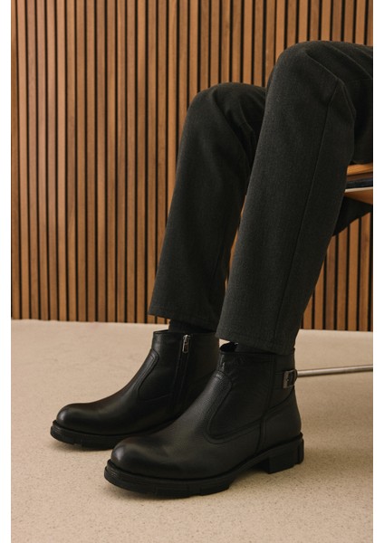 , Erkek Hakiki Deri Kürklü Bot 153999Z044 Siyah