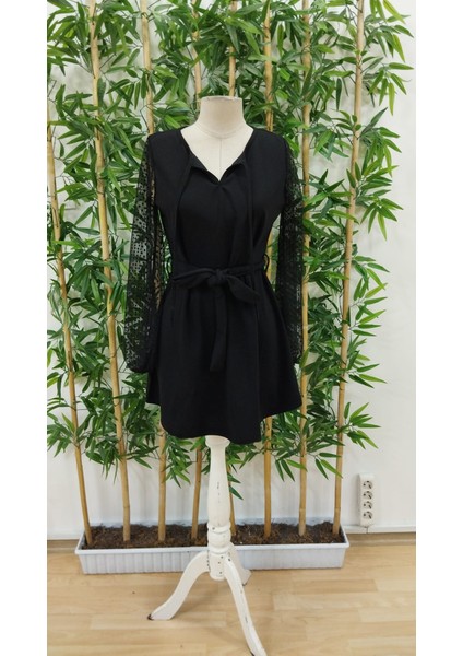 Kadın Uzun Kollu Yakadan Bağcıklı Belden Kuşaklı Ithal Krep Elbise fırsatları