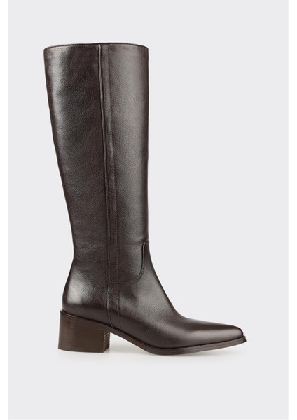 Kahve Deri Kadın Topuklu Çizme