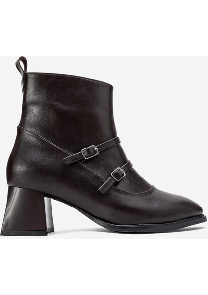 Sade Çift Tokalı Küt Burunlu Topuklu Bot KAHVE CİLT fiyatları