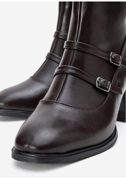 Sade Çift Tokalı Küt Burunlu Topuklu Bot KAHVE CİLT modelleri