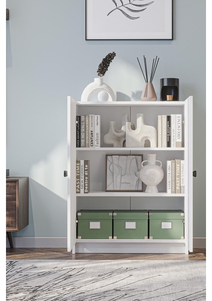 Bili Yatay Kitaplık 3 Raflı 2 Kapaklı Çok Amaçlı Ofis Salon Çalışma Odası Kütüphane Rafı Beyaz fiyatları