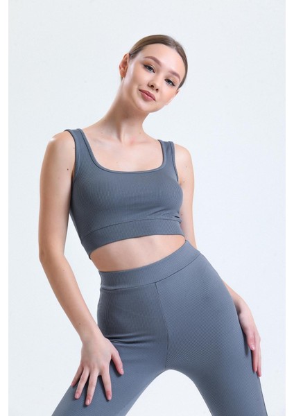 Antrasit Fitilli Kare Yaka Esnek Örme Crop Büstiyer Atlet