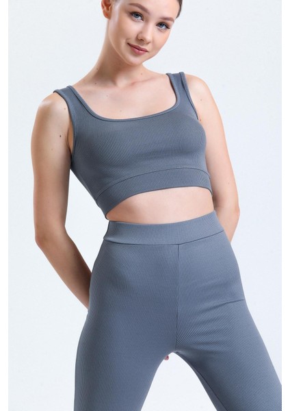 Antrasit Fitilli Kare Yaka Esnek Örme Crop Büstiyer Atlet fiyatları