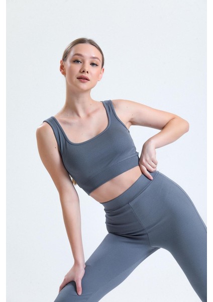 Antrasit Fitilli Kare Yaka Esnek Örme Crop Büstiyer Atlet modelleri