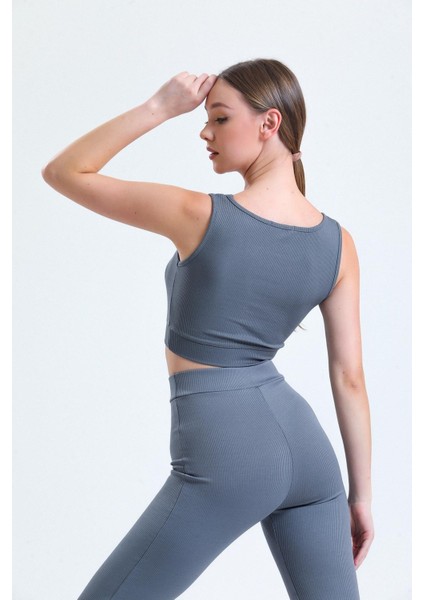 Antrasit Fitilli Kare Yaka Esnek Örme Crop Büstiyer Atlet fırsatları