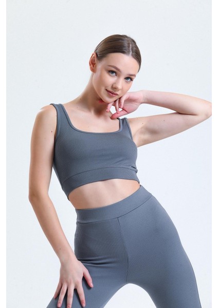 Antrasit Fitilli Kare Yaka Esnek Örme Crop Büstiyer Atlet indirimleri