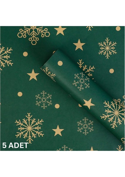Yılbaşı Kar Tanesi Desenli Çiçek Buket Kağıdı - Hediye ve Ambalaj Kağıdı, Yeşil, 5 Adet, 58X58 cm