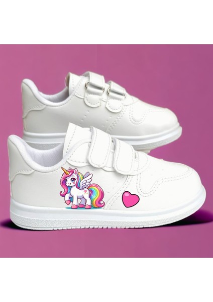 Görkemli At Baskılı Pembe Kalp Beyaz Bantlı Çocuk Spor Ayakkabı Sneaker