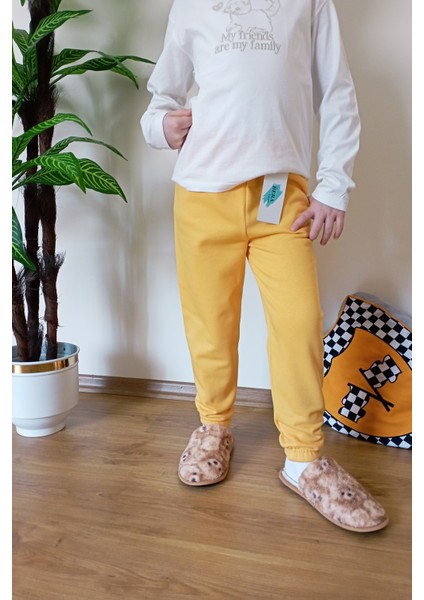 Çocuk Sarı 2 Iplik Şardonlu Paçası Lastikli Kışlık Eşofman Altı