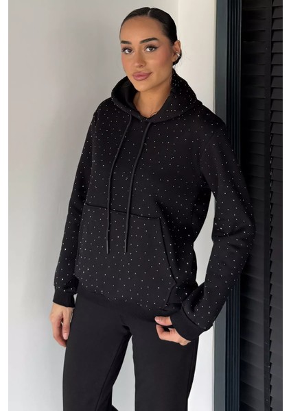 Kadın Şardonlu Kanguru Cepli Kapüşonlu Taş Işlemeli Sweatshirt P-00018806 fiyatları