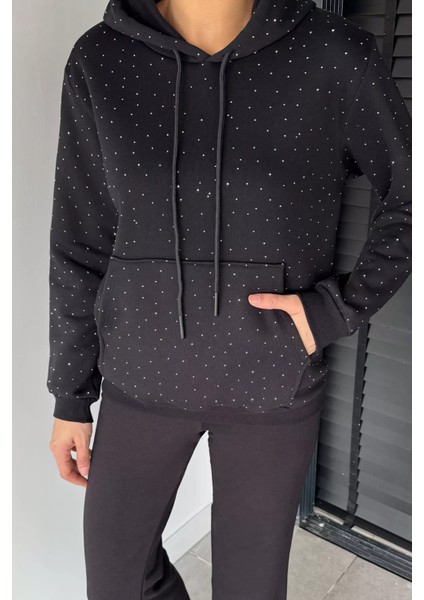 Kadın Şardonlu Kanguru Cepli Kapüşonlu Taş Işlemeli Sweatshirt P-00018806 modelleri