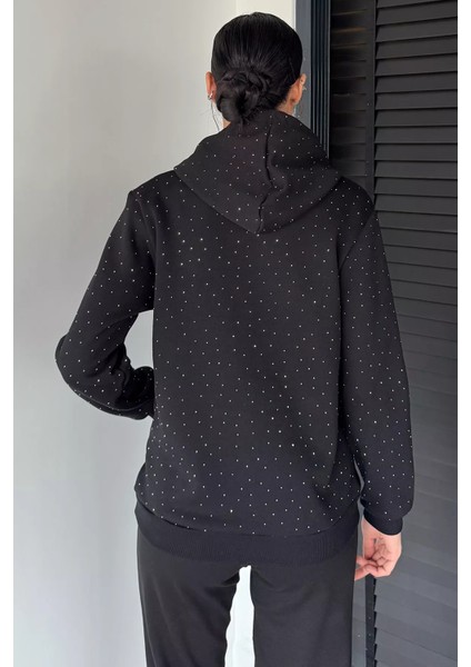 Kadın Şardonlu Kanguru Cepli Kapüşonlu Taş Işlemeli Sweatshirt P-00018806 fırsatları