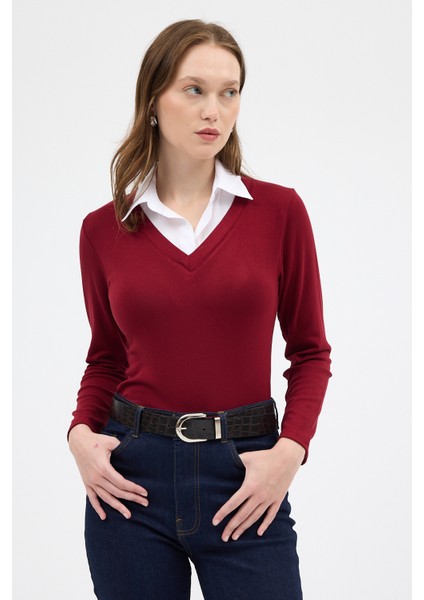 Bordo Yumuşak Dokulu Gömlek Yaka Görünümlü Bluz 8198A modelleri
