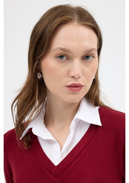 Bordo Yumuşak Dokulu Gömlek Yaka Görünümlü Bluz 8198A indirimleri