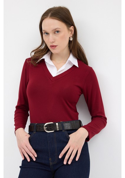 Bordo Yumuşak Dokulu Gömlek Yaka Görünümlü Bluz 8198A