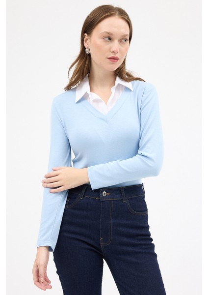 8198A Gömlek Yaka Bluz Mavi modelleri