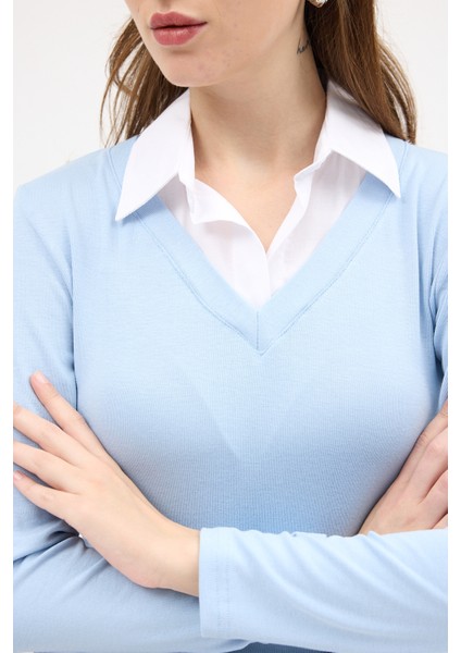 8198A Gömlek Yaka Bluz Mavi indirimleri
