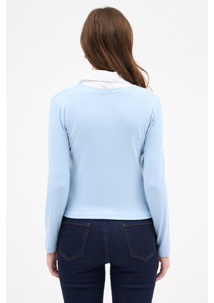 8198A Gömlek Yaka Bluz Mavi