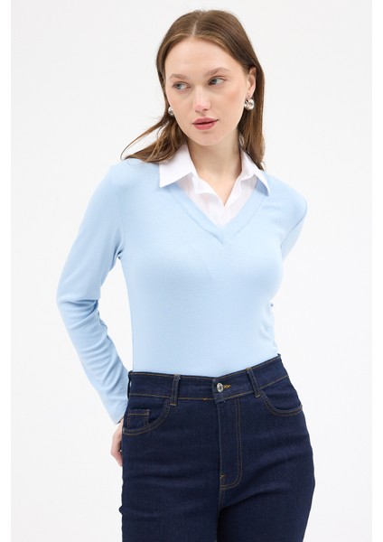 8198A Gömlek Yaka Bluz Mavi