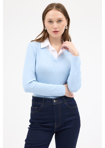 8198A Gömlek Yaka Bluz Mavi