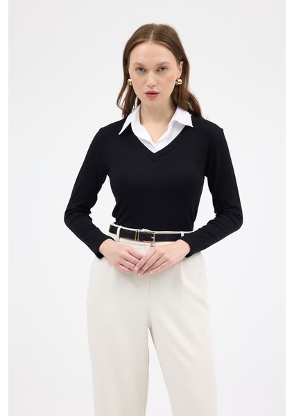 8198A Gömlek Yaka Bluz Siyah modelleri