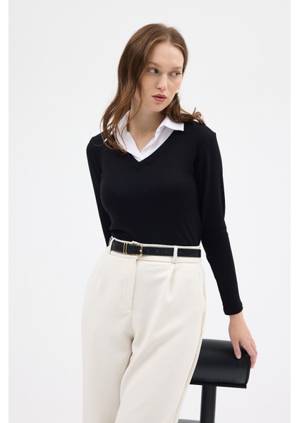 8198A Gömlek Yaka Bluz Siyah indirimleri