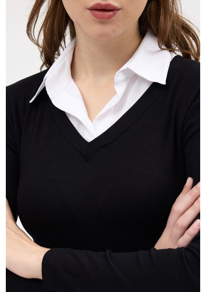 8198A Gömlek Yaka Bluz Siyah