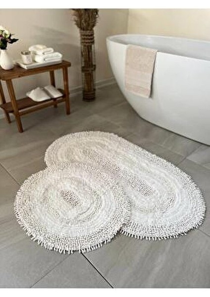 Makaroni Doğal Pamuklu 2'li Banyo Paspas Seti 60X100+50X60 cm Beyaz modelleri