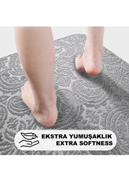 3’lü Krem Ultrasoft Desenli Klozet Takımı Banyo Halısı Paspas Seti